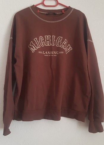 Kahverengi Michigan Baskılı Triko Sweatshirt