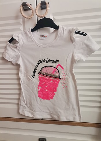 3 Yaş Beden Beyaz Payetli Baskılı Kız Bebek T-shirt ve Gri Çizgili Pantolon