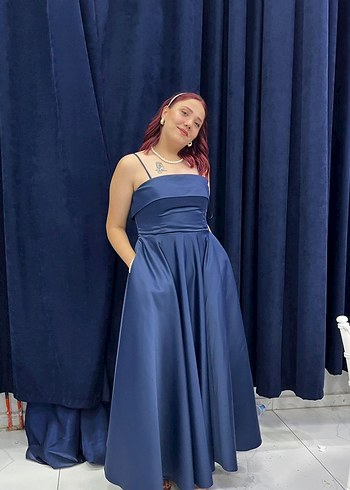 Drapeli Lacivert Uzun Mezuniyet Elbisesi - Görsel 3