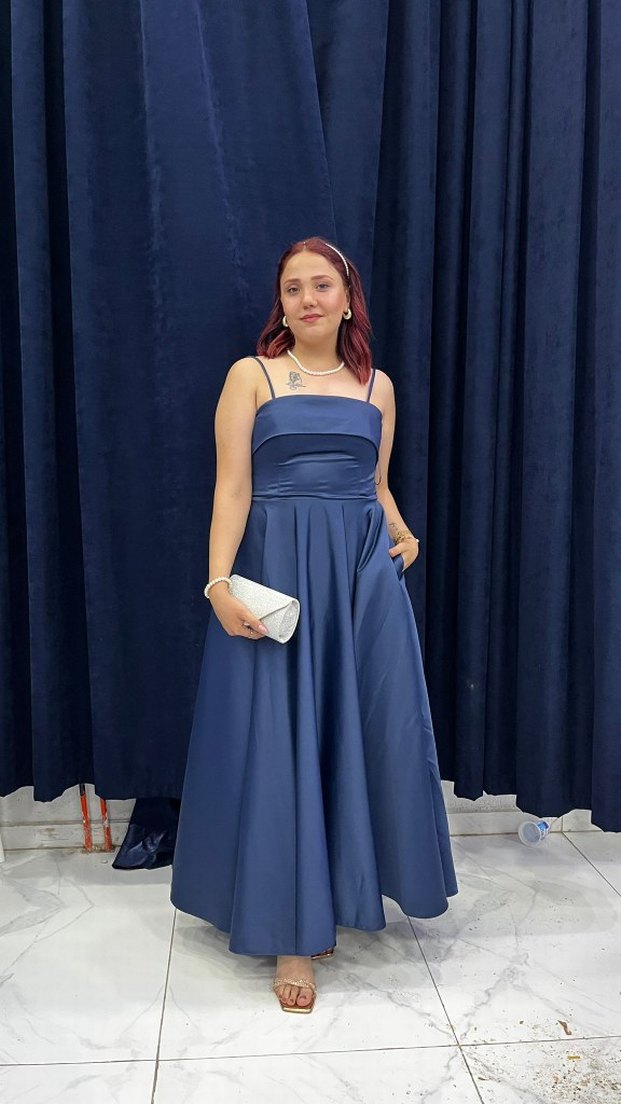Drapeli Lacivert Uzun Mezuniyet Elbisesi - Görsel 2