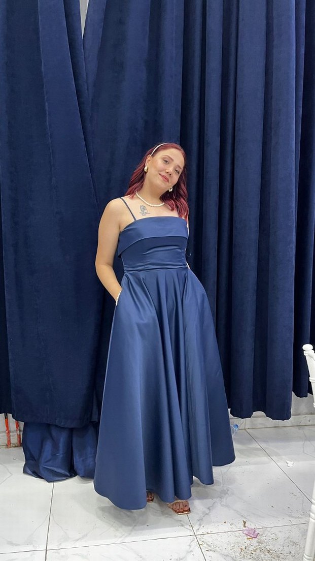 Drapeli Lacivert Uzun Mezuniyet Elbisesi - Görsel 3