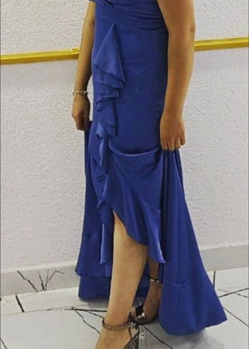 Uzun Drapeli Mavi Abiye Elbise - Görsel 3