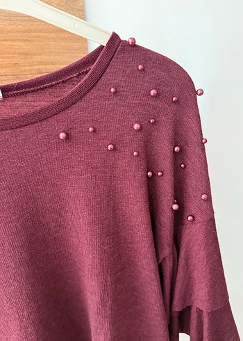 Bordo İşlemeli Triko Bluz - Görsel 3