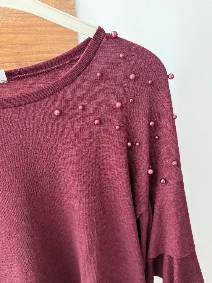 Bordo İşlemeli Triko Bluz - Görsel 3