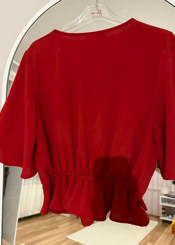 Kırmızı V Yaka Drapeli Mini Kadın Bluz - Görsel 5