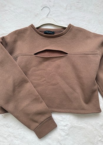 Kahverengi Kadın Crop Sweatshirt (içi polar) - Görsel 3