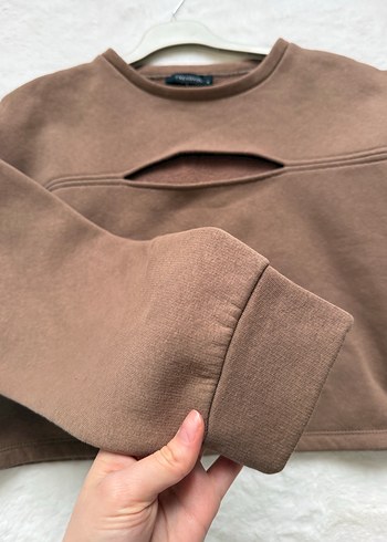Kahverengi Kadın Crop Sweatshirt (içi polar) - Görsel 4