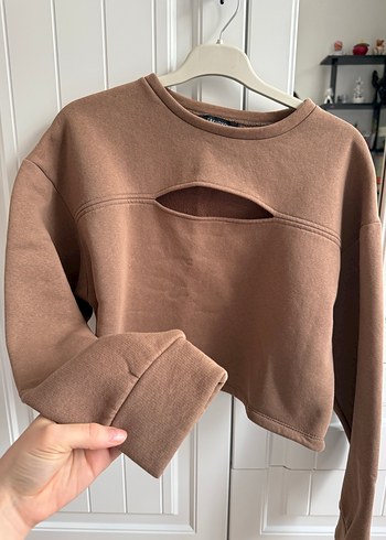Kahverengi Kadın Crop Sweatshirt (içi polar) - Görsel 2