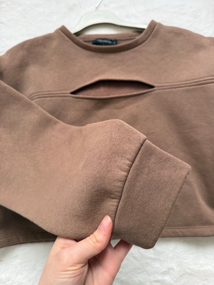 Kahverengi Kadın Crop Sweatshirt (içi polar) - Görsel 4