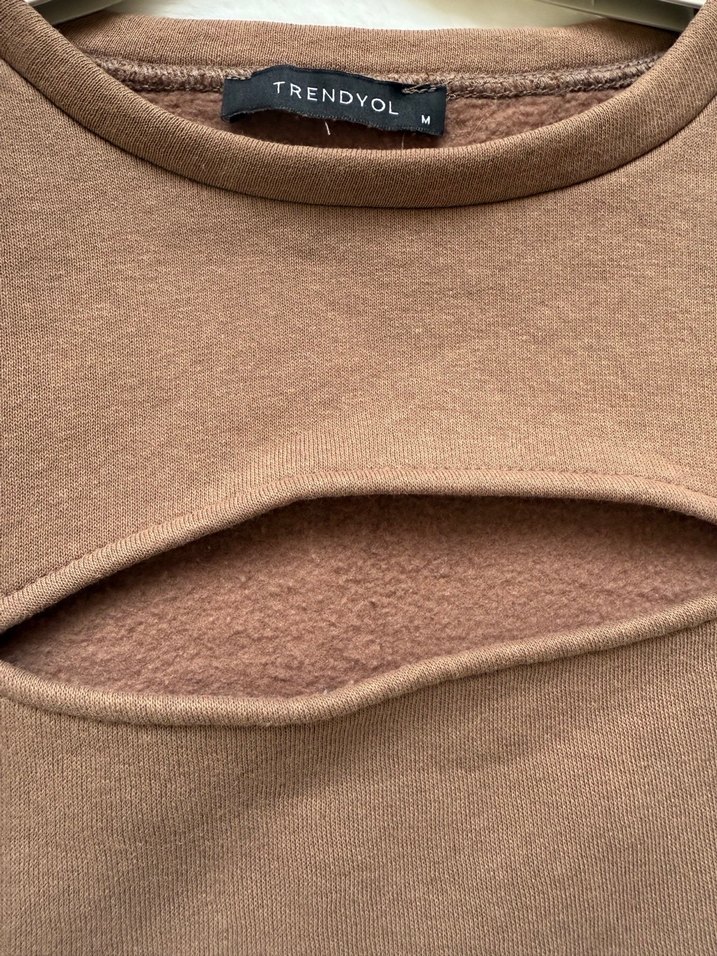 Kahverengi Kadın Crop Sweatshirt (içi polar) - Görsel 5