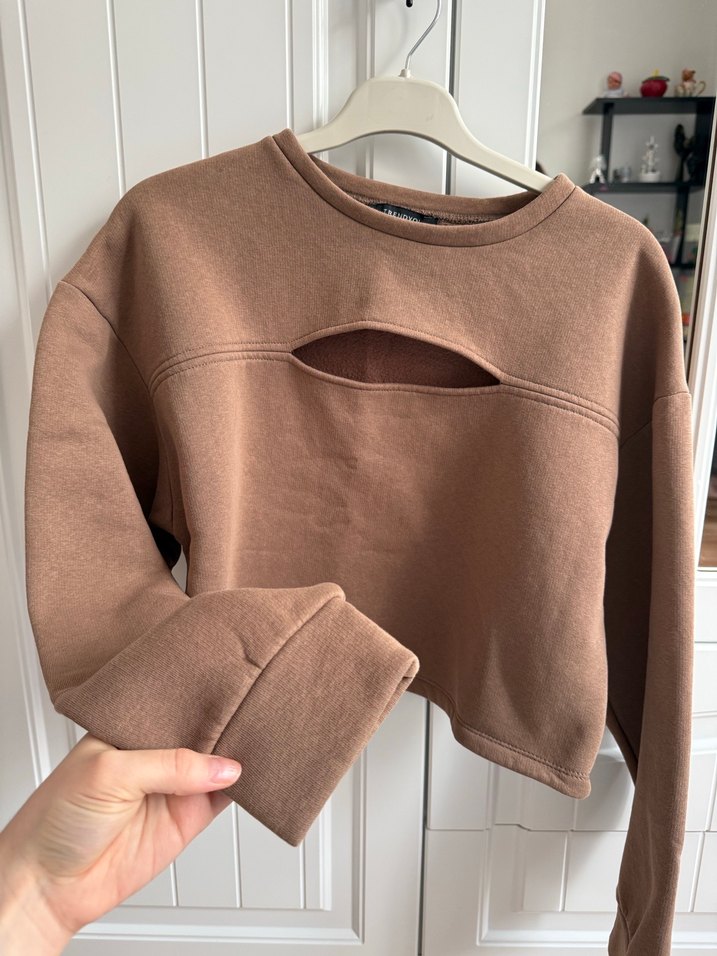Kahverengi Kadın Crop Sweatshirt (içi polar) - Görsel 2