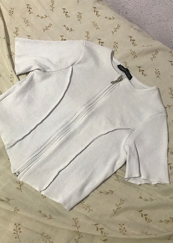 Fermuarlı Kısa Kollu Beyaz Keten Kadın Crop