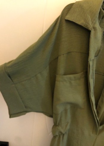 Yeşil Kemerli V Yaka Keten Midi Tulum - Görsel 3