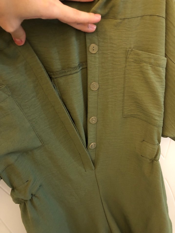 Yeşil Kemerli V Yaka Keten Midi Tulum - Görsel 2