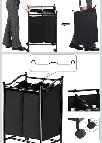 Tekerlekli Siyah Çift Bölmeli Çamaşır Sepeti - Görsel 8