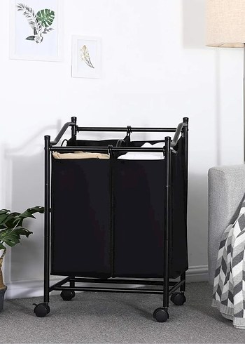 Tekerlekli Siyah Çift Bölmeli Çamaşır Sepeti - Görsel 7