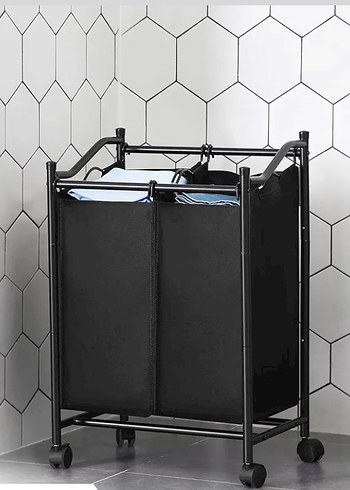 Tekerlekli Siyah Çift Bölmeli Çamaşır Sepeti - Görsel 5