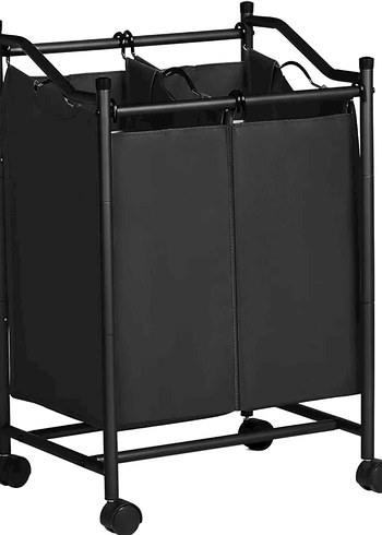 Tekerlekli Siyah Çift Bölmeli Çamaşır Sepeti - Görsel 4