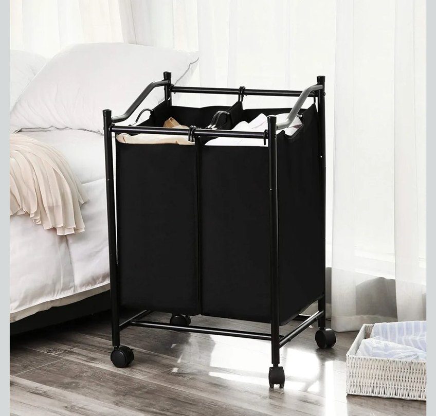 Tekerlekli Siyah Çift Bölmeli Çamaşır Sepeti - Görsel 3