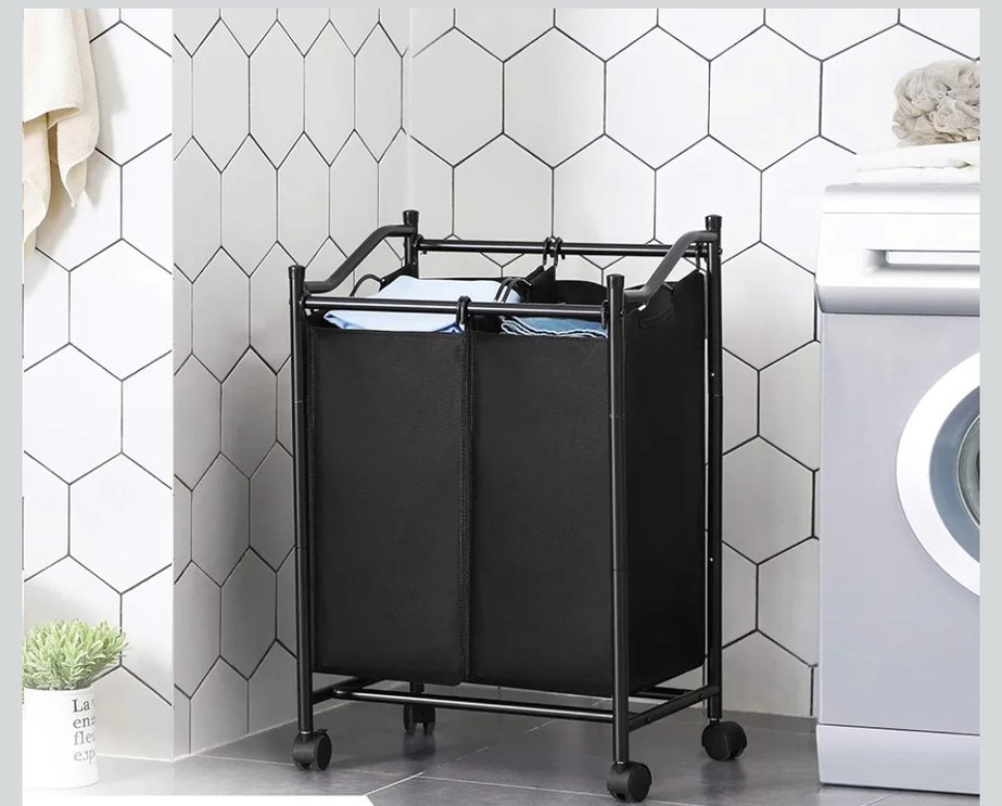 Tekerlekli Siyah Çift Bölmeli Çamaşır Sepeti - Görsel 5