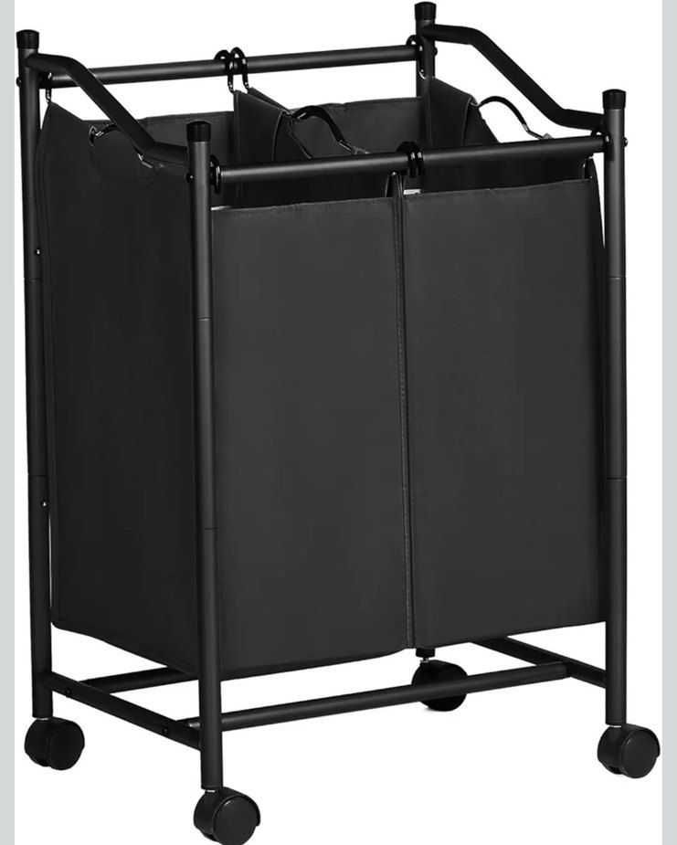 Tekerlekli Siyah Çift Bölmeli Çamaşır Sepeti - Görsel 4