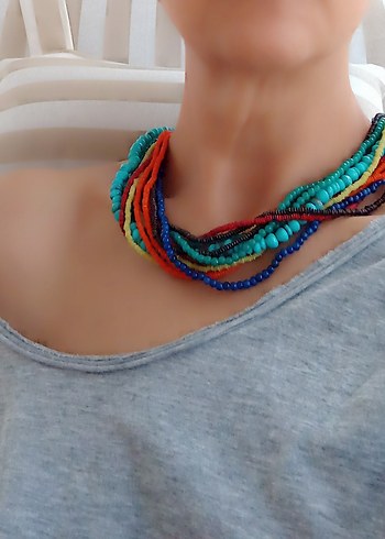Uzun Çok Renkli Boncuklu Bohem Kadın Kolye - Görsel 2