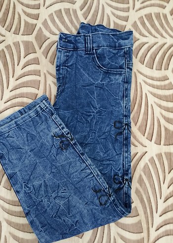 Mavi Batik Desenli kurdele detaylı Midi Kot Pantolon - Görsel 3