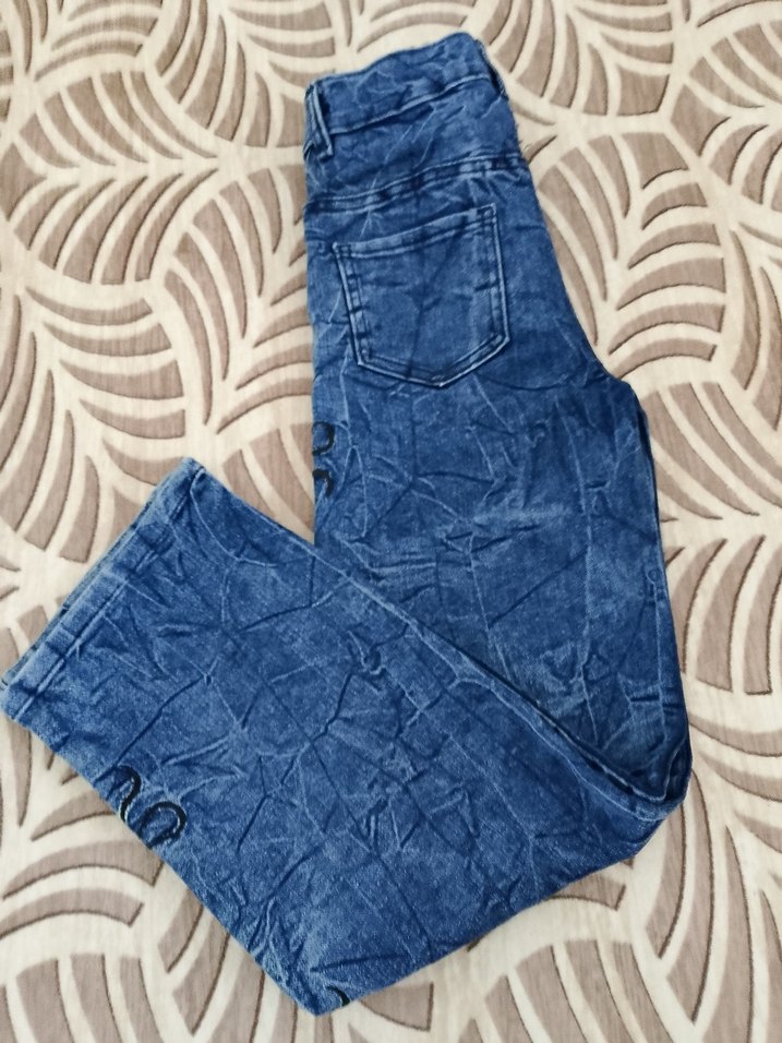 Mavi Batik Desenli kurdele detaylı Midi Kot Pantolon - Görsel 5