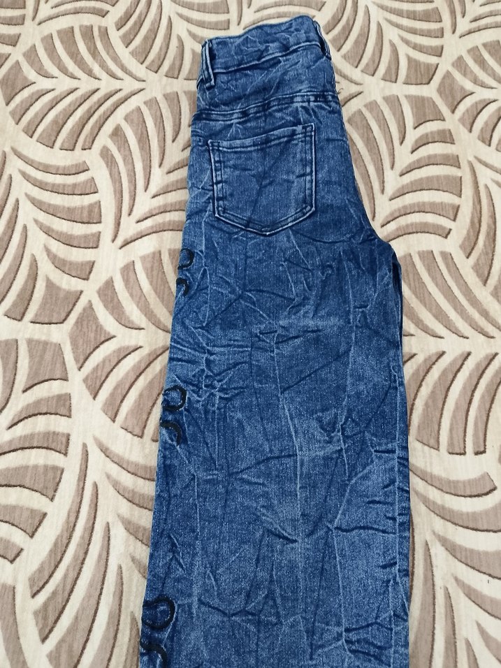 Mavi Batik Desenli kurdele detaylı Midi Kot Pantolon - Görsel 4