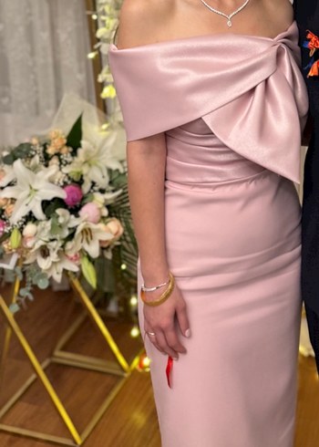 Alfabeta Pudra Pembe Uzun Drapeli Straplez Abiye Elbise