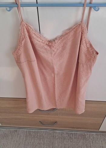 l Beden pembe Renk Dantel Detaylı Pembe Keten Askılı Bluz