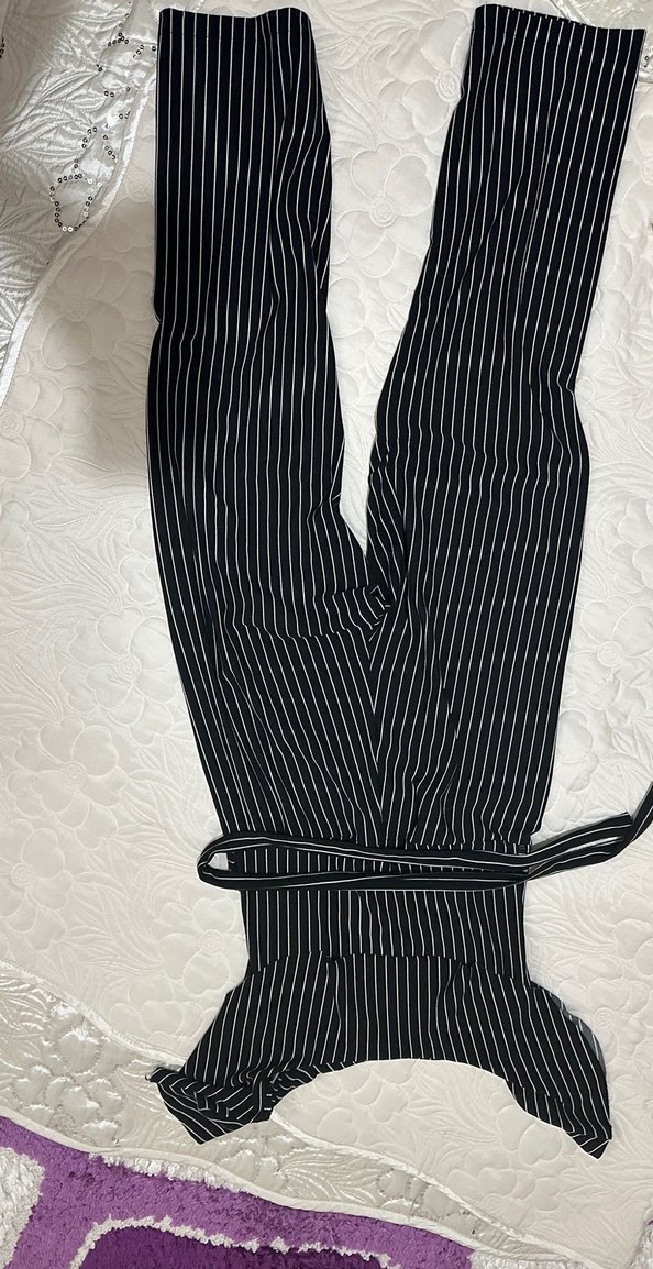 Çizgili Siyah Kadın Uzun Tulum - Görsel 3