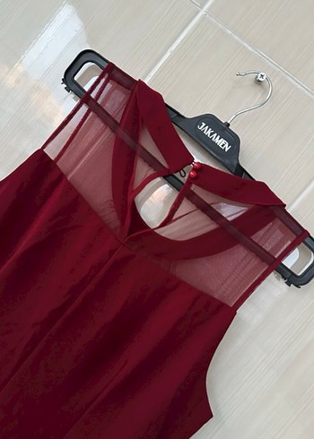 Bordo Parlak Midi Kadın Abiye Elbise - Görsel 3