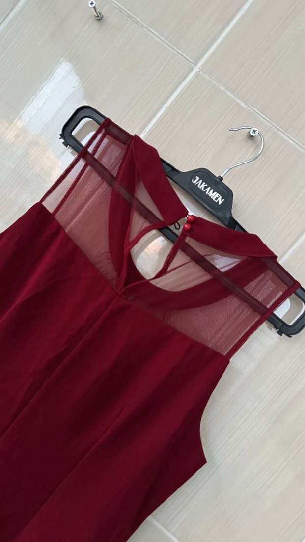 Bordo Parlak Midi Kadın Abiye Elbise - Görsel 3