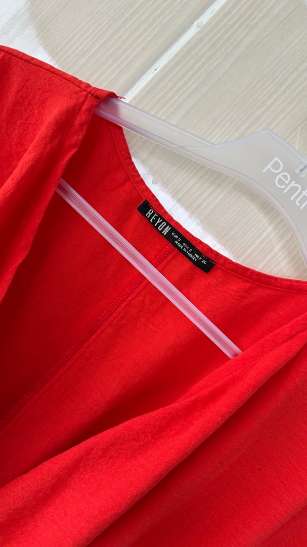 Kemerli Kırmızı Keten Uzun Tulum - Görsel 2