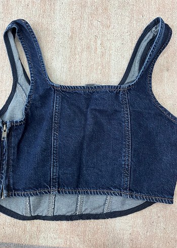 Koyu Mavi Denim Fermuarlı Askısız Crop Top
