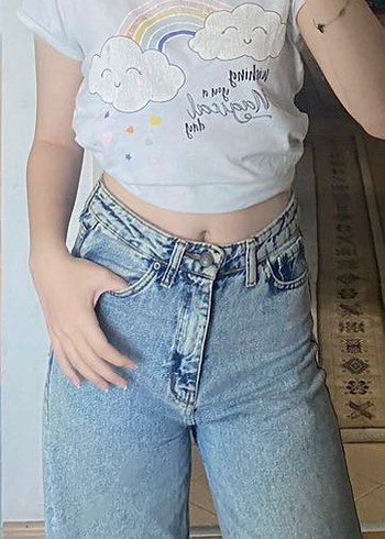 Kadın Beyaz Bağcıklı Bol Kesim Midi Denim Pantolon