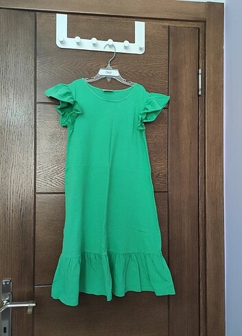 10-11 yaş, yeşil pamuklu kız çocuk elbise