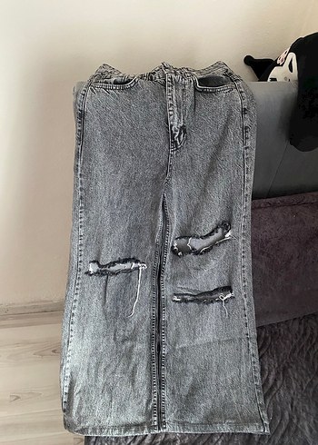 Gri Bol Kesim Kadın Uzun Kot Pantolon - Görsel 2