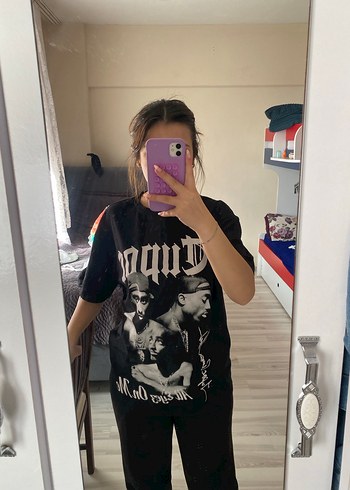 Siyah Baskılı Oversize Kadın Tişört - Görsel 2