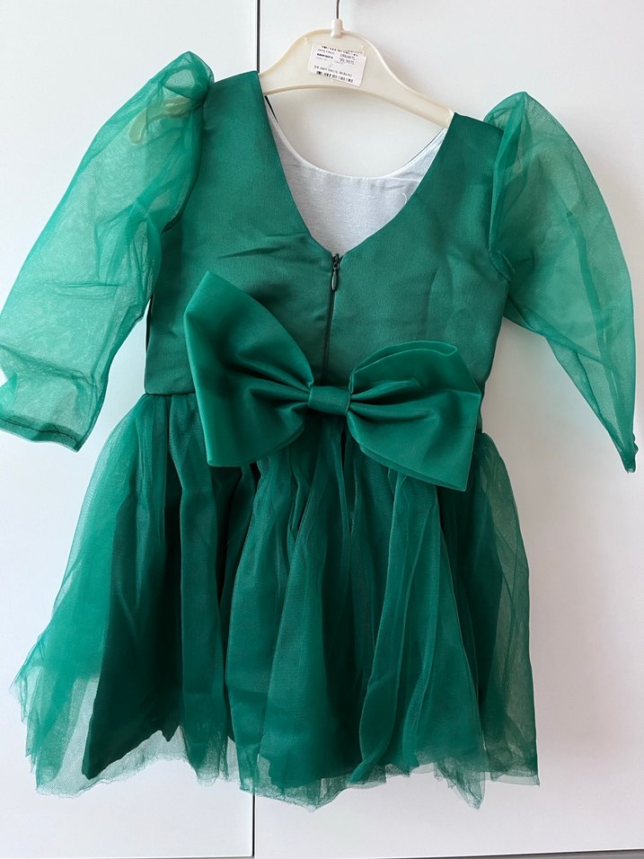 Yeşil Uzun Kollu Kız Çocuk Elbise - Görsel 3