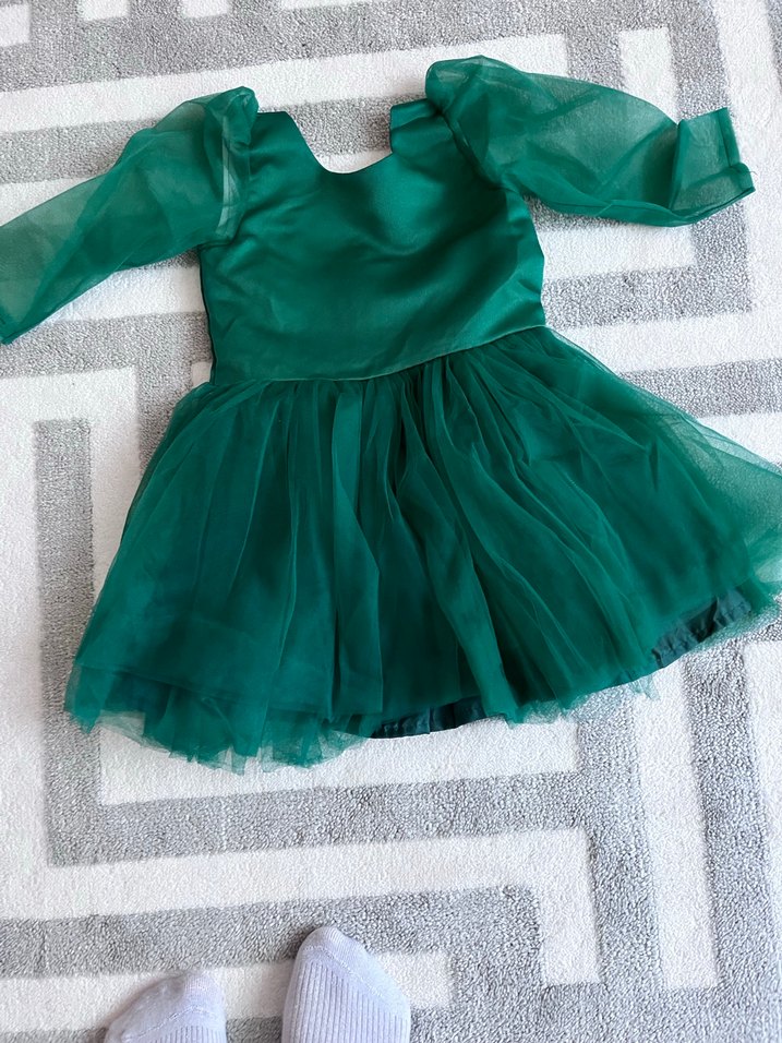 Yeşil Uzun Kollu Kız Çocuk Elbise - Görsel 5