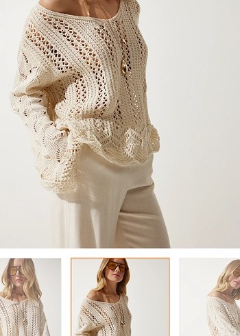 Bej V Yaka Örgü Kadın Mini Kazak - Görsel 2