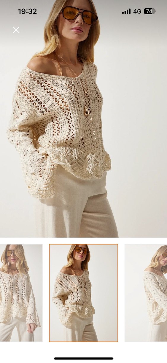 Bej V Yaka Örgü Mini Kadın Kazak - Görsel 2