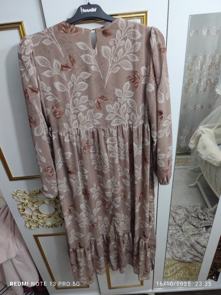 Bej Bohem Uzun Kollu Salaş Elbise - Görsel 2