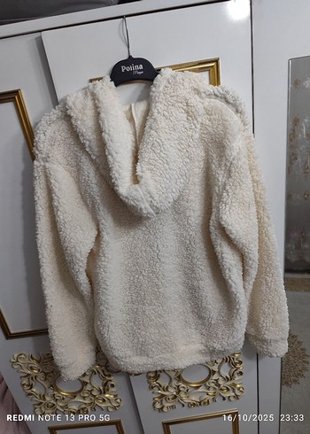 Kadın Beyaz Peluş Fermuarlı Ceket - Görsel 2