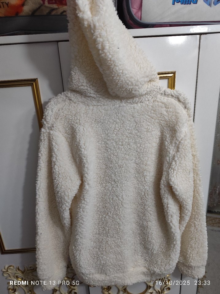 Kadın Beyaz Peluş Fermuarlı Ceket - Görsel 3