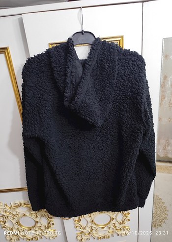 Siyah Peluş Kadın Kapüşonlu Ceket - Görsel 2