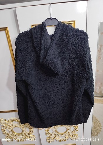 Siyah Peluş Kadın Kapüşonlu Ceket - Görsel 6