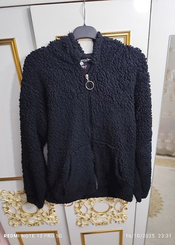 Siyah Peluş Kadın Kapüşonlu Ceket - Görsel 3